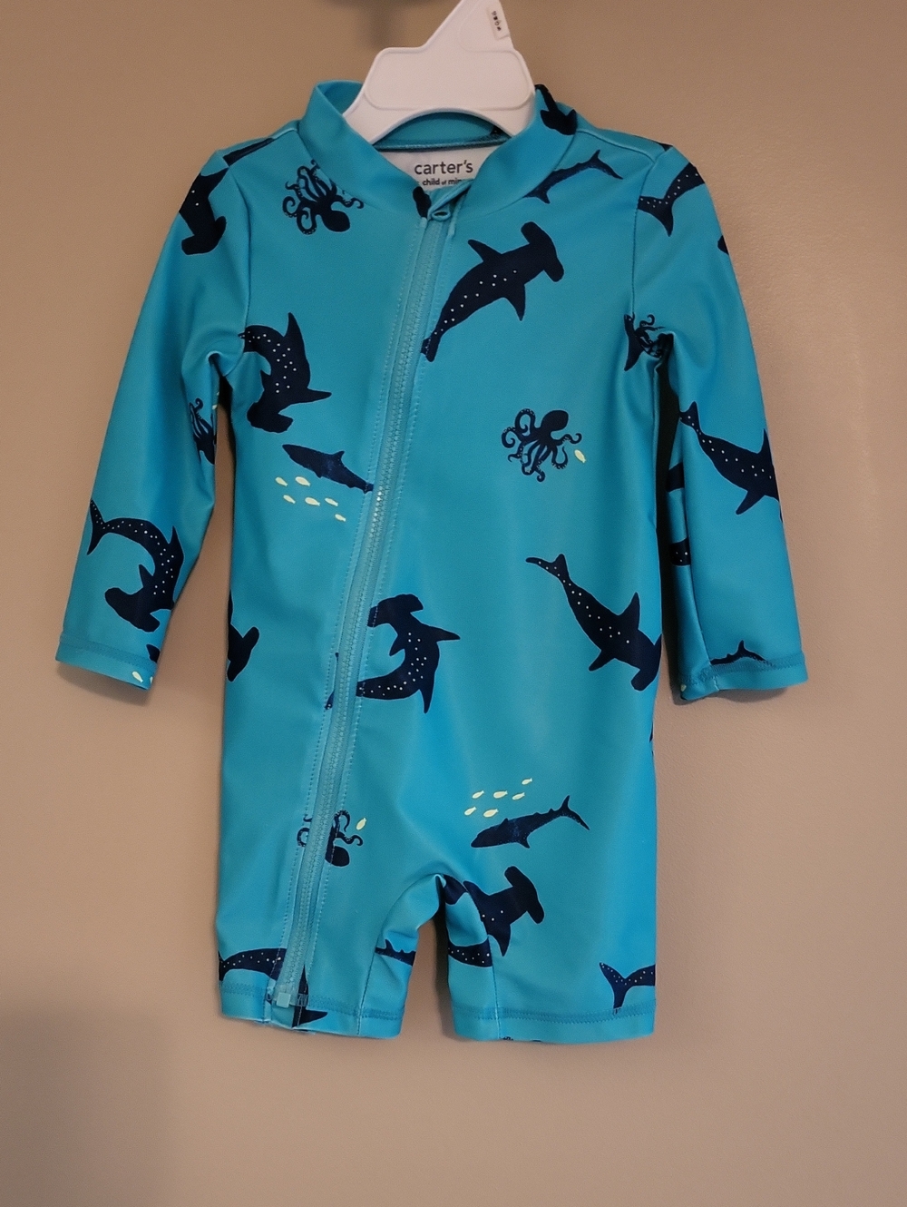 Carter's turquoise hammerhead shark print rashguard swimsuit